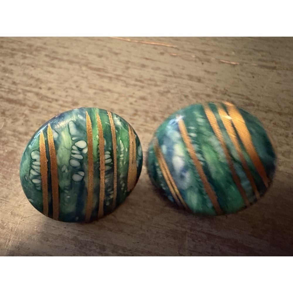 Vintage 1980s Green Blue Marbled Enamel Dome Stud Earrings Gold Stripe